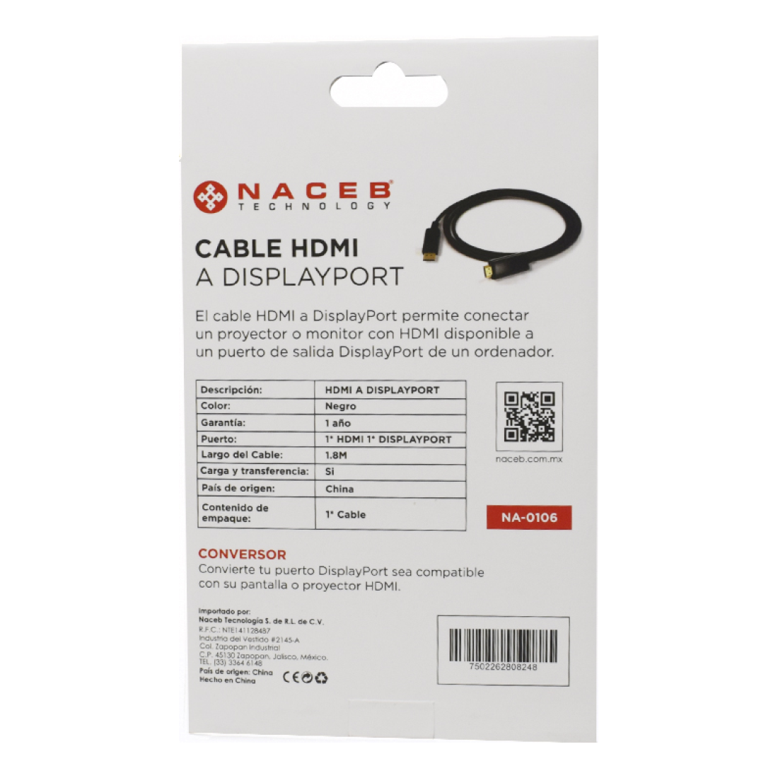 Adaptador HDMI a DisplayPort Naceb Technology NA-0106