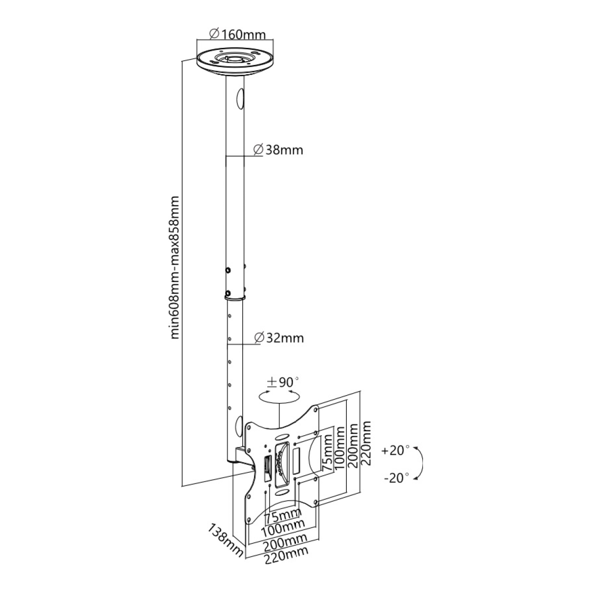 Soporte de Acero Para Televisor - Techo OVALTECH OVTV-C2342