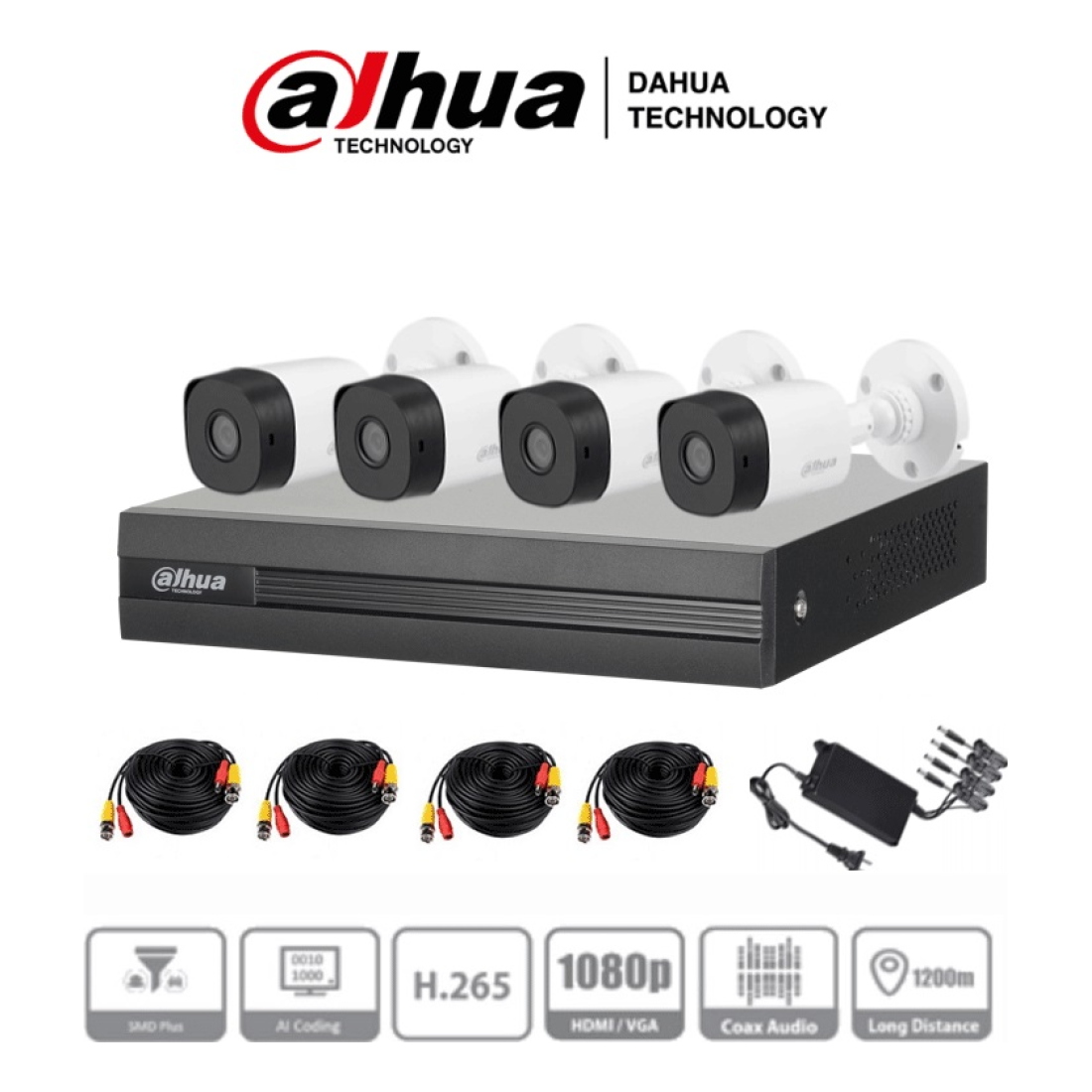 Kit de Videovigilancia Dahua Technology HDCVI con XVR de 4 Canales y 4 Cámaras de 2 MP (KITXVR1B04-I+4B1A21)