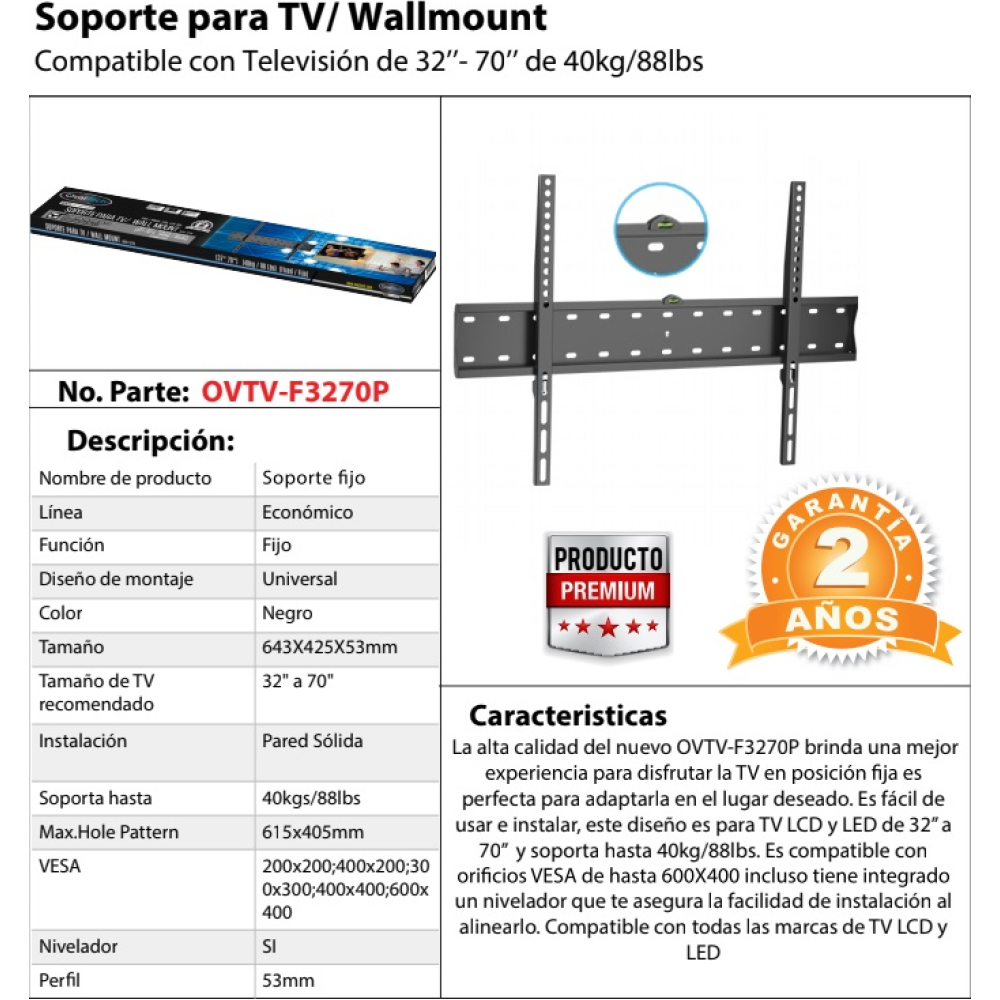 Soporte de Pared FIJO para TV OVALTECH OVTV-F3270P