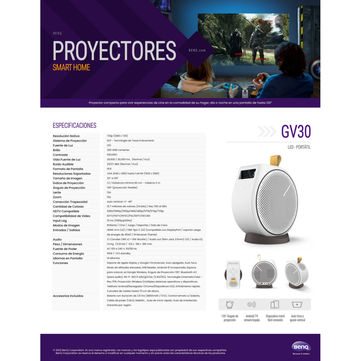Proyector Portátil BENQ GV30 DLP HD 720p de 300 Lúmenes ANSI (9H.JPA77.59A)
