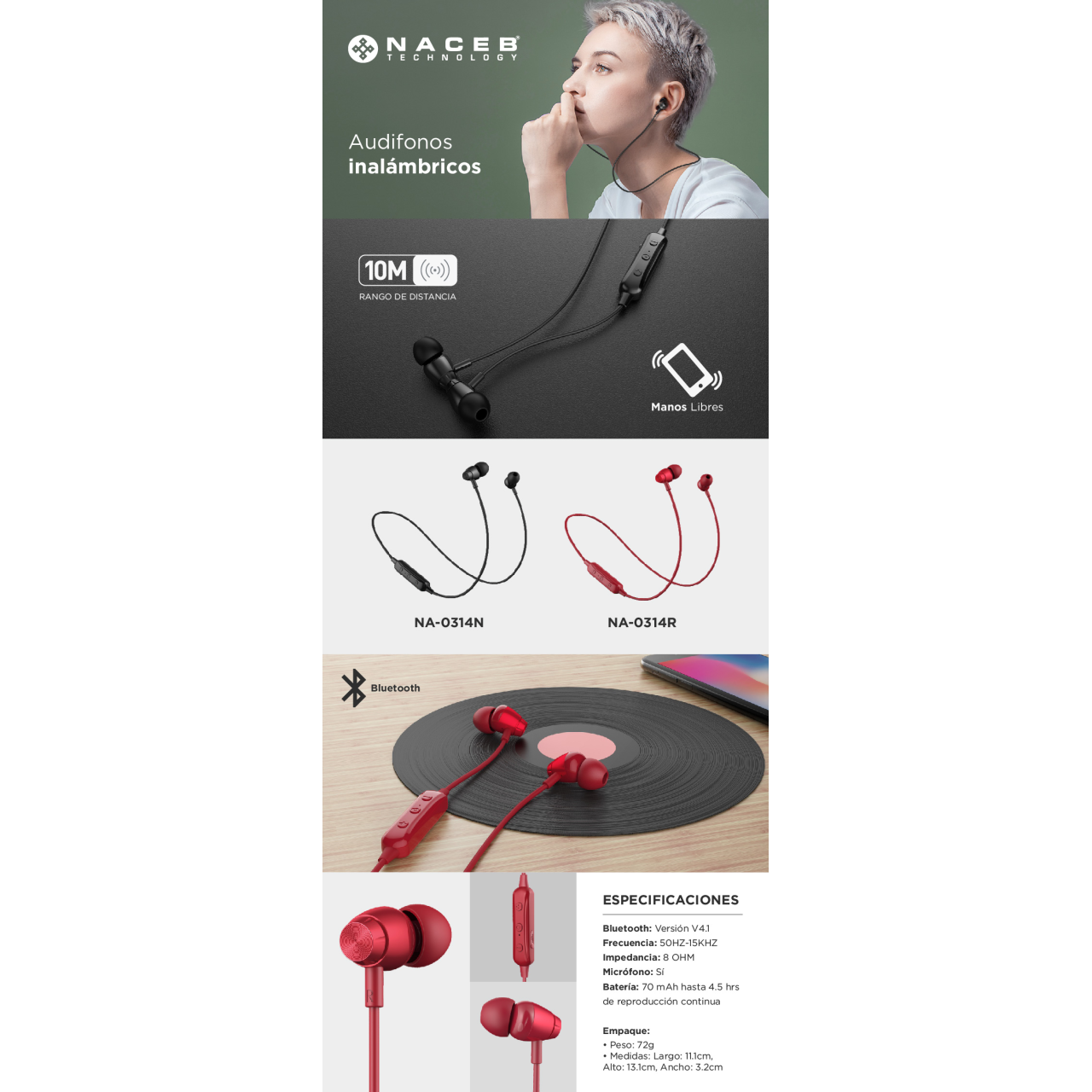 Audífono Bluetooth Naceb Technology NA-0314R