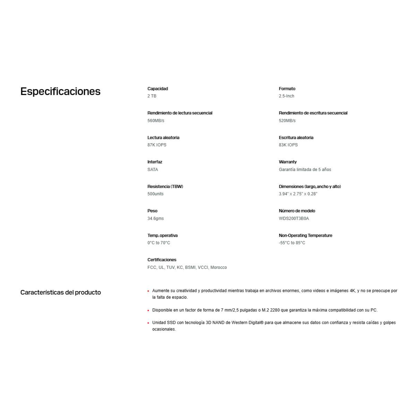 SSD WESTERN DIGITAL WDS200T3B0A