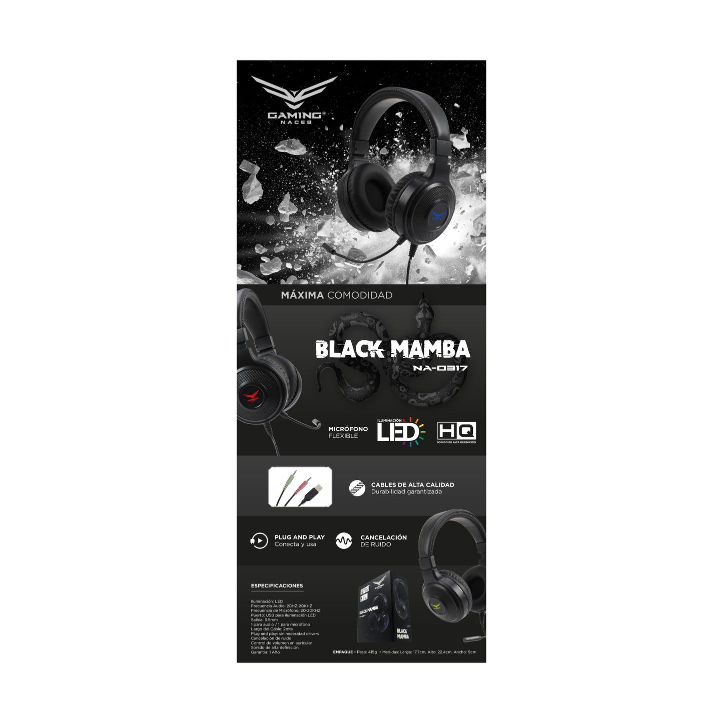 Audífono Gamer NACEB Black Mamba Naceb Technology NA-0317