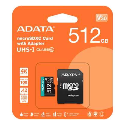 Tarjeta de Memoria microSDXC ADATA Premier Pro 512 GB V30 A2 lectura 100 MB/s escritura 85 MB/s (AUSDX512GUI3V30SA2-RA1)