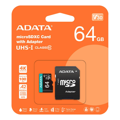 Tarjeta de Memoria microSDXC ADATA Premier 64 GB UHS-I A2 Clase 10 (AUSDX64GUI3V30SA2-RA1)