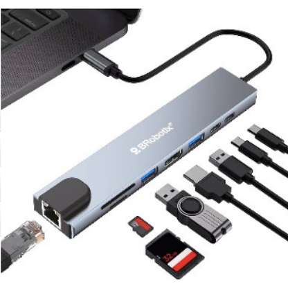Docking Station BROBOTIX USB-C 8 en 1 con HDMI, RJ45 Gigabit, USB-A, USB-C y Lectores SD/MicroSD (6000700)