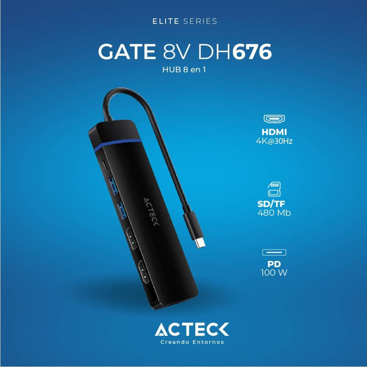 Hub USB ACTECK DH676 3.0 GATE 8V DH676 ACTECK Elite Series Hub 8 en 1 (AC-936477)