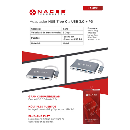 Adaptador Tipo C a USB 3.0 + PD Naceb Technology NA-0112