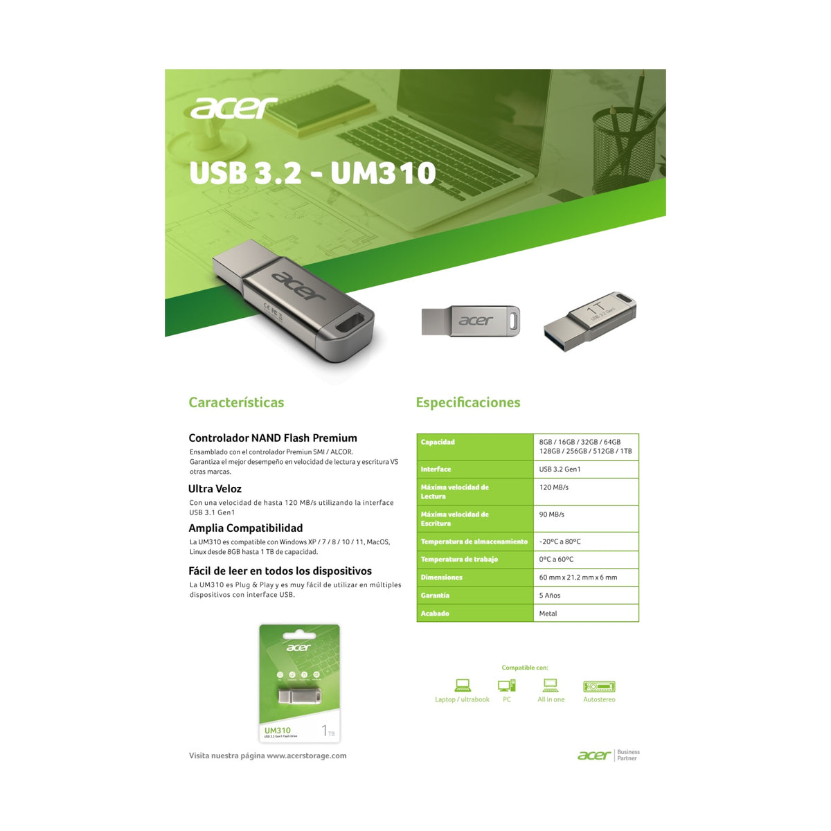Memoria USB Acer 512 GB lectura 120 MB/s Plata (BL.9BWWA.584)