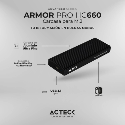 Gabinete para SSD M.2 NVMe ACTECK Armor Pro HC660 formatos 2230/2242/2260/2280 PCIe a USB-C 10 Gb/s aluminio (AC-936453)