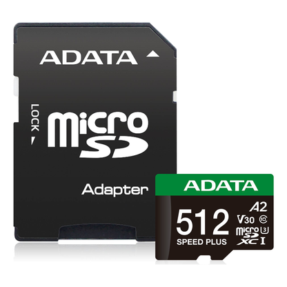 Tarjeta de Memoria microSDXC ADATA Speed Plus 512 GB UHS-I U3 V30 Clase 10 (UD512GUI3V30A2SP-RA1)