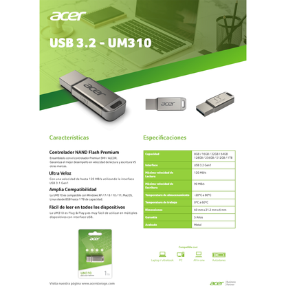Memoria USB Acer UM310 64 GB USB 3.2 lectura 120 MB/s escritura 90 MB/s (BL.9BWWA.581)