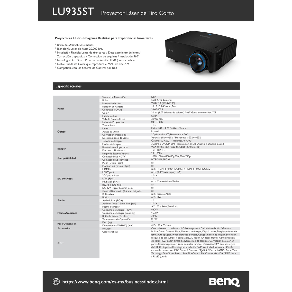 Proyector Láser BENQ LU935ST WUXGA de Tiro Corto y 5500 Lúmenes ANSI (9H.JNC77.15L)