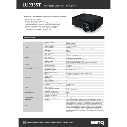 Proyector Láser BENQ LU935ST WUXGA de Tiro Corto y 5500 Lúmenes ANSI (9H.JNC77.15L)