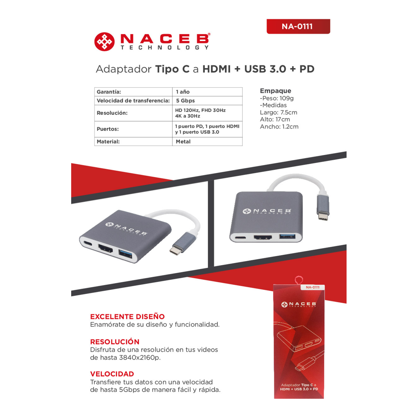 Adaptador Tipo C a HDMI + USB 3.0 + PD Naceb Technology NA-0111