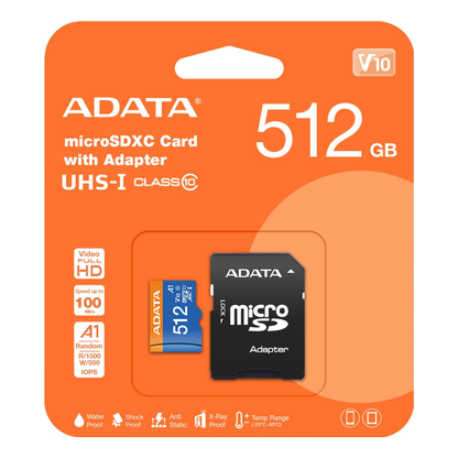 Tarjeta de Memoria microSDXC ADATA Premier 512 GB UHS-I A1 Clase 10 (AUSDX512GUICL10A1-RA1)