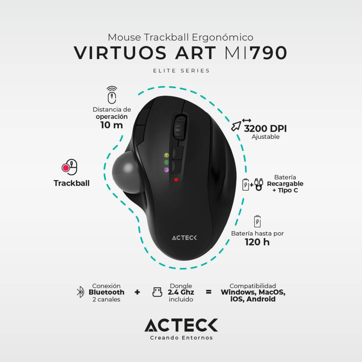 Trackball ACTECK MI790 Bluetooth 2400 DPI 7 botones ergonómico Negro (AC-936309)