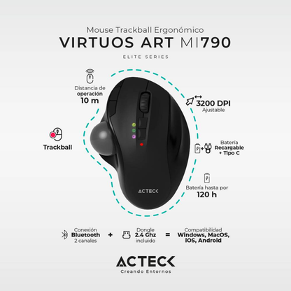 Trackball ACTECK MI790 Bluetooth 2400 DPI 7 botones ergonómico Negro (AC-936309)