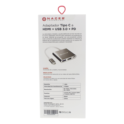 Adaptador Tipo C a HDMI + USB 3.0 + PD Naceb Technology NA-0111