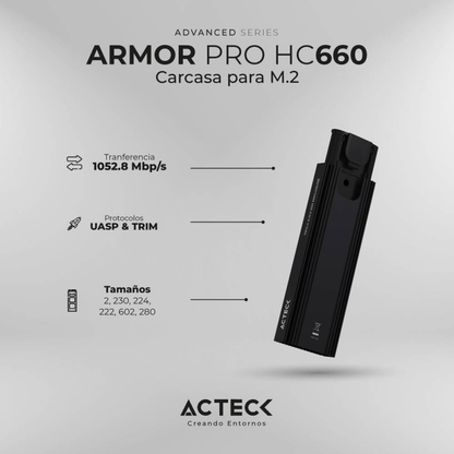 Gabinete para SSD M.2 NVMe ACTECK Armor Pro HC660 formatos 2230/2242/2260/2280 PCIe a USB-C 10 Gb/s aluminio (AC-936453)