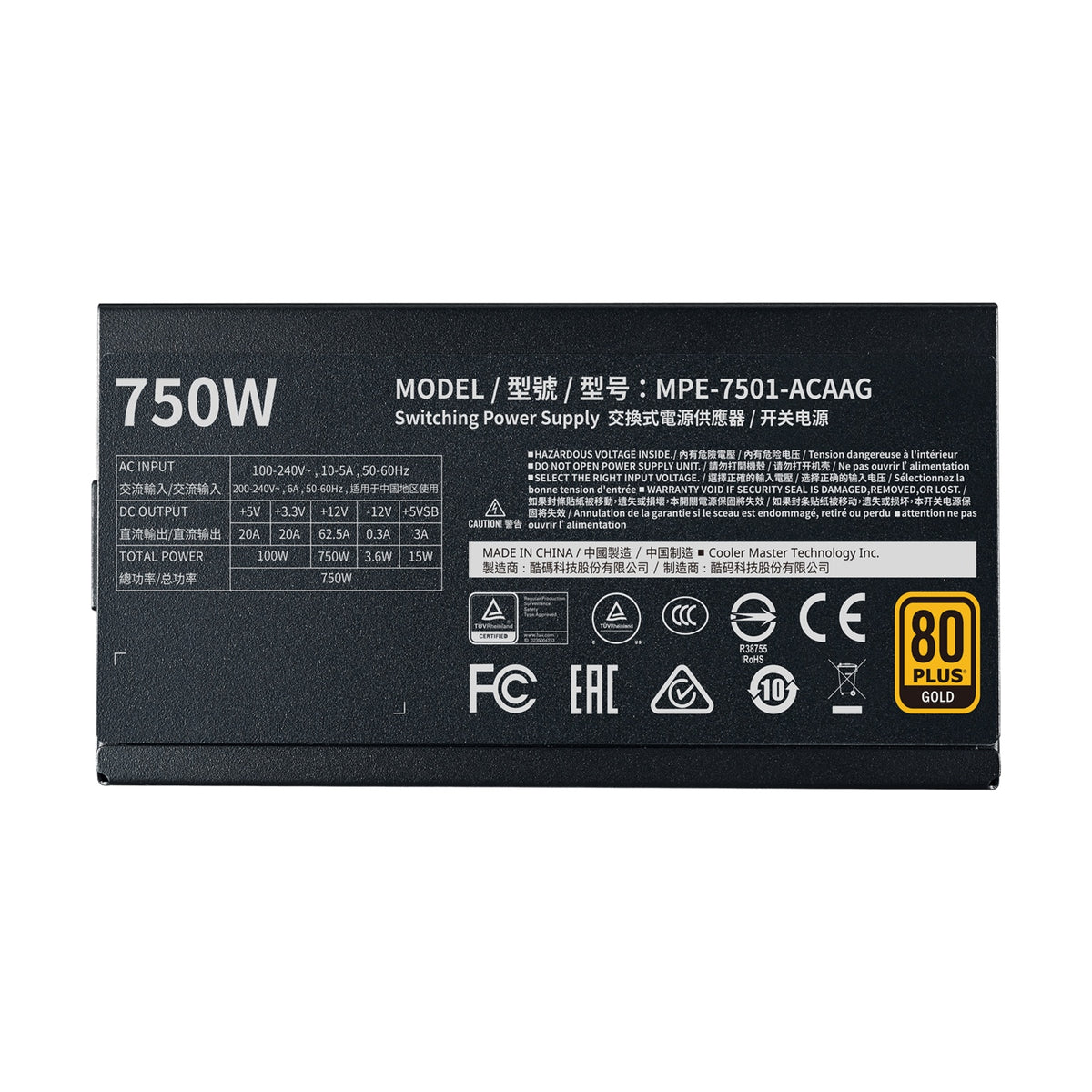 Fuente de Poder Gaming Cooler Master MWE Gold 750 V2 750 W 80 PLUS Gold Totalmente Modular (MPE-7501-AFAAG-U2)