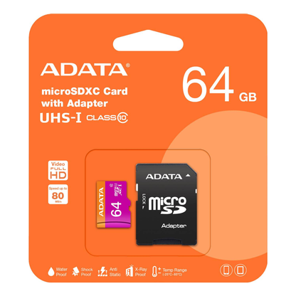 Tarjeta de Memoria microSDXC ADATA 64 GB UHS-I U1 lectura 30 MB/s escritura 10 MB/s (AUSDX64GUICL10-RA1)