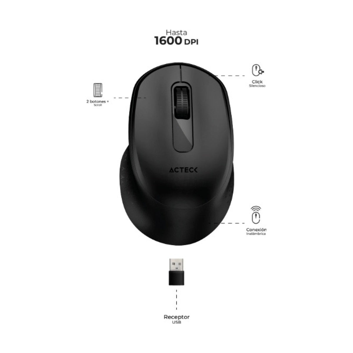 Mouse ACTECK ERGO MI470 inalámbrico 2.4 GHz óptico 1600 DPI 2 botones ergonómico silencioso Negro (AC-934145)