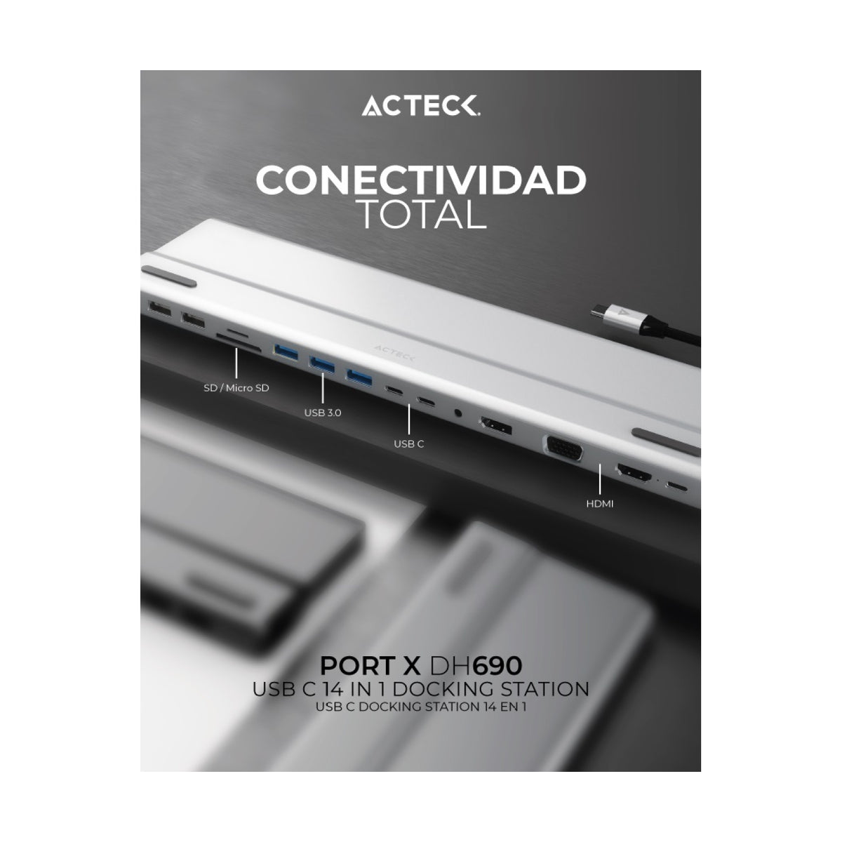 Docking Station ACTECK USB-C 14 en 1 Port X DH690 Windows / macOS / Linux (AC-932950)