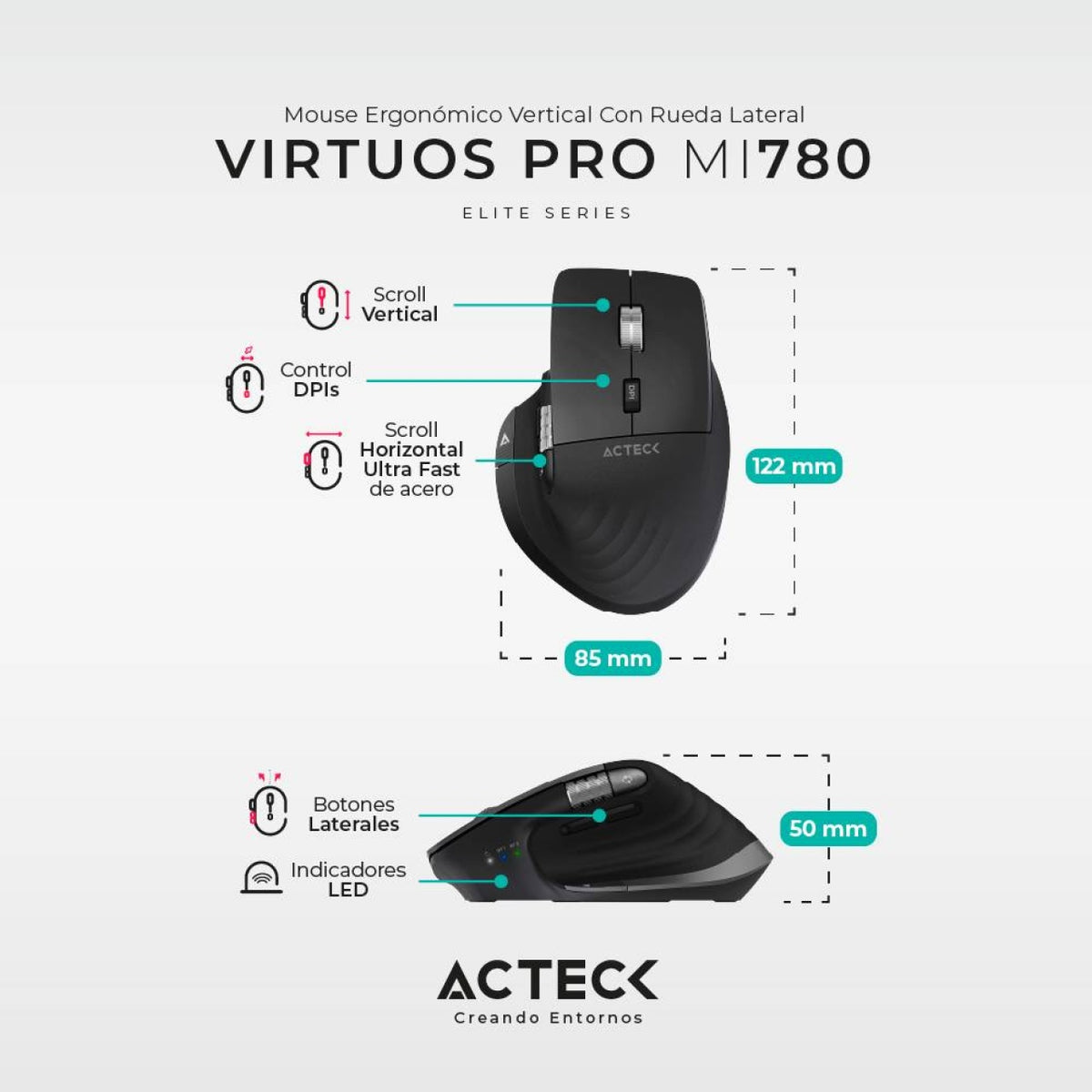 Mouse ACTECK MI780 Bluetooth/2.4 GHz óptico 3200 DPI 8 botones Negro (AC-936187)