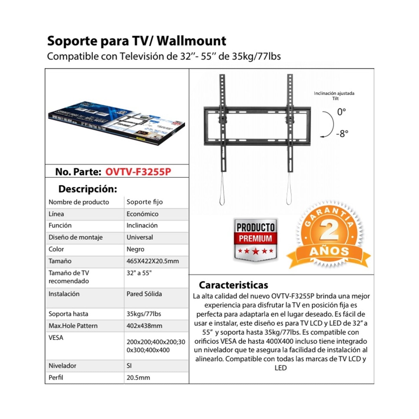 Soporte de Pared FIJO para TV  OVALTECH De 32