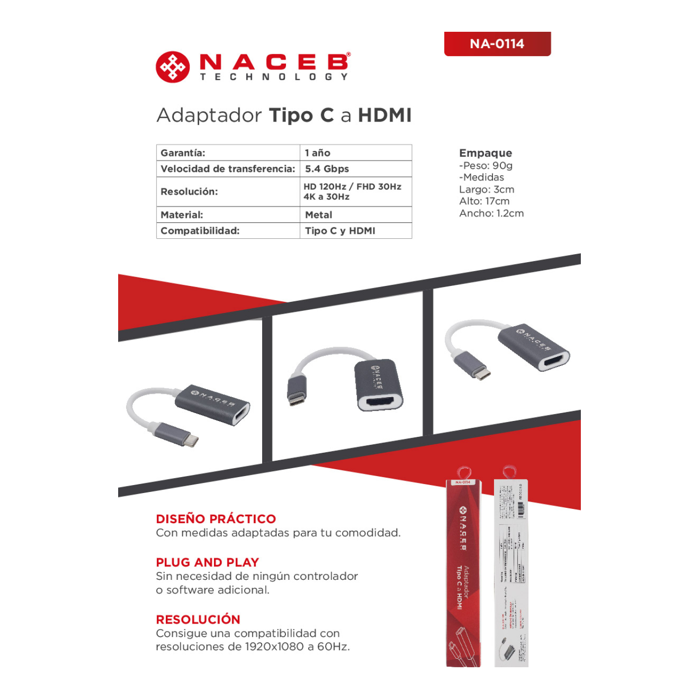 Adaptador Tipo C a HDM Naceb Technology NA-0114