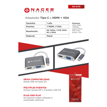 Adaptador Tipo C a HDMI+VGA Naceb Technology NA-0113