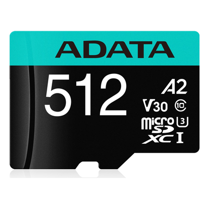Tarjeta de Memoria microSDXC ADATA Premier Pro 512 GB V30 A2 lectura 100 MB/s escritura 85 MB/s (AUSDX512GUI3V30SA2-RA1)