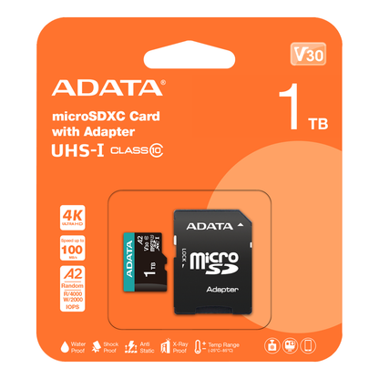 Tarjeta de Memoria microSDHC ADATA Premier Pro 1 TB UHS-I U3 V30 A2 Clase 10 (AUSDX1TUI3V30SA2-RA1)