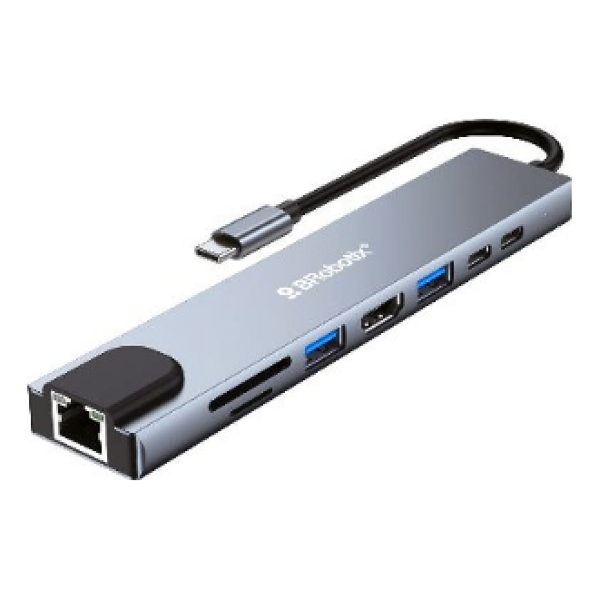 Docking Station BROBOTIX USB-C 8 en 1 con HDMI, RJ45 Gigabit, USB-A, USB-C y Lectores SD/MicroSD (6000700)