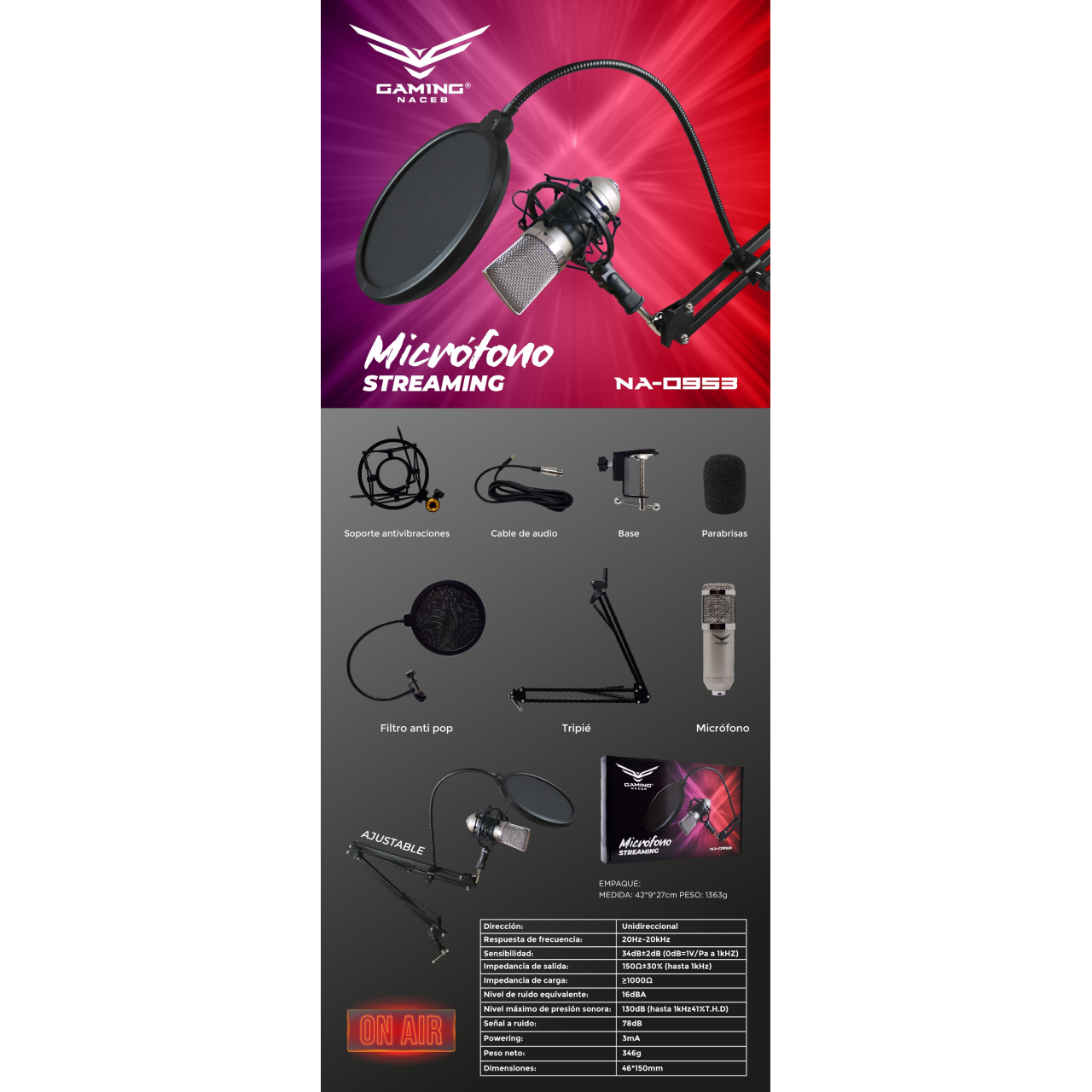 Micrófono Streaming Ajustable Shield Naceb Technology NA-0953