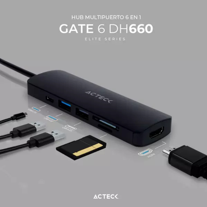 Hub USB ACTECK DH660 Multipuertos 6 en 1 GATE 6 DH660 ACTECK Elite Series (AC-934619)