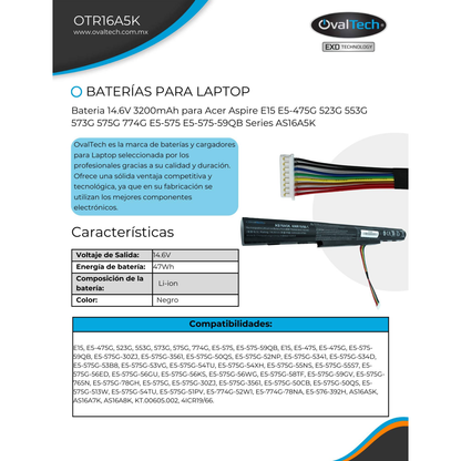 Bateria OVALTECH OTR16A5K