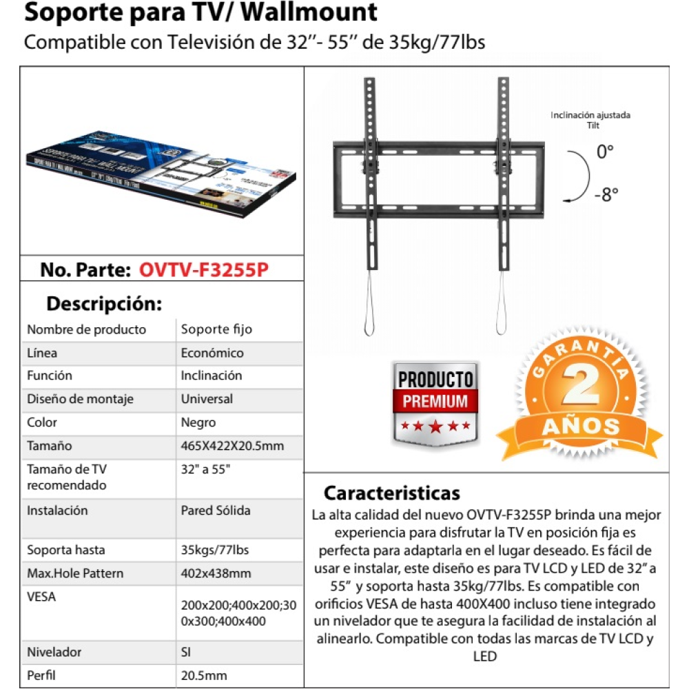 Soporte de Pared FIJO para TV  OVALTECH De 32