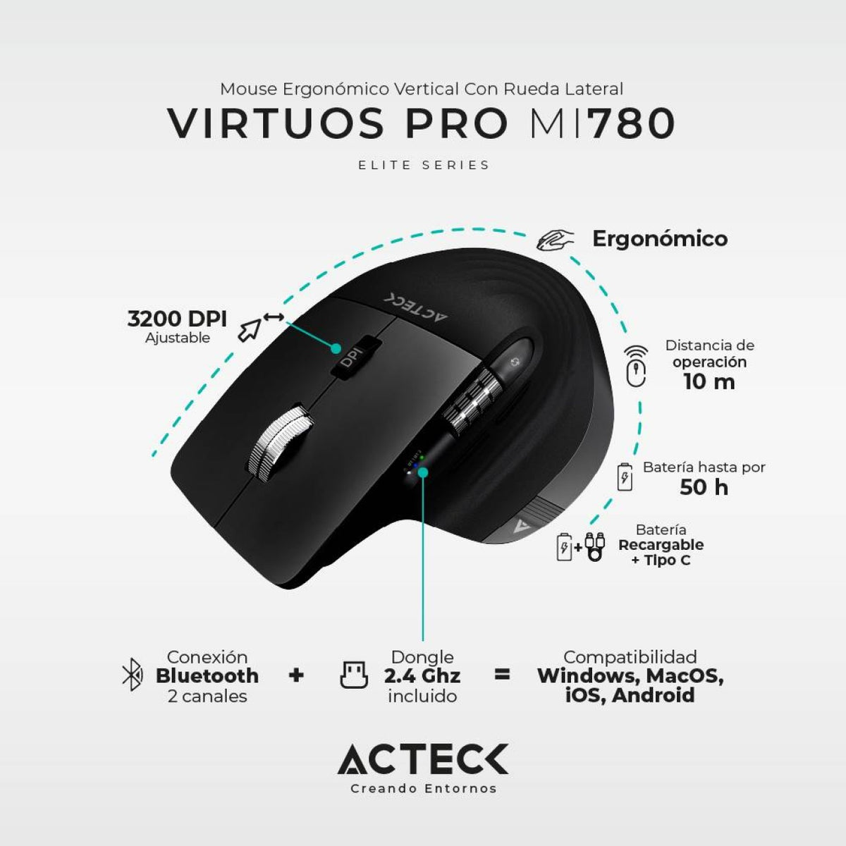Mouse ACTECK MI780 Bluetooth/2.4 GHz óptico 3200 DPI 8 botones Negro (AC-936187)