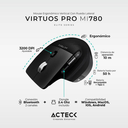 Mouse ACTECK MI780 Bluetooth/2.4 GHz óptico 3200 DPI 8 botones Negro (AC-936187)