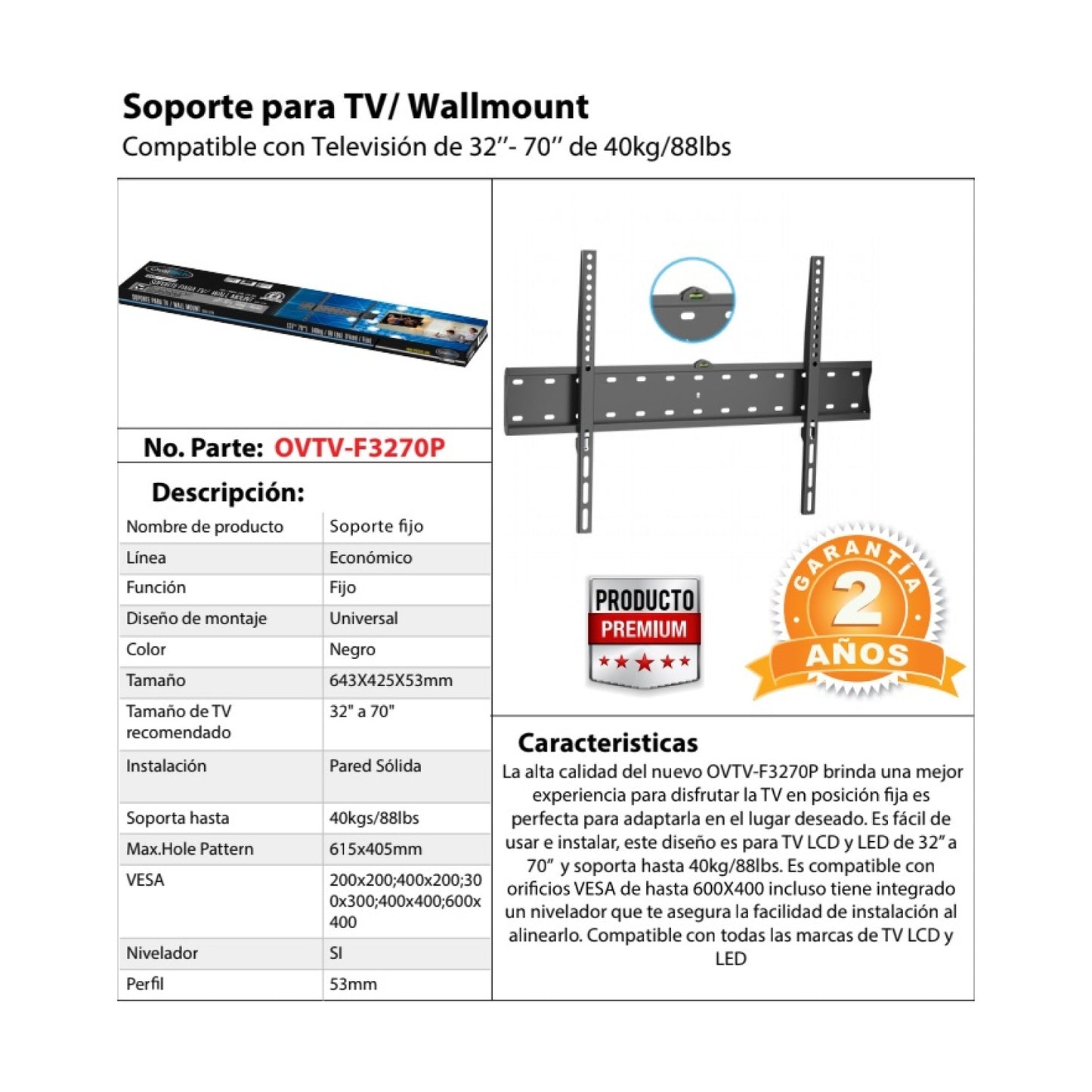 Soporte de Pared FIJO para TV OVALTECH OVTV-F3270P